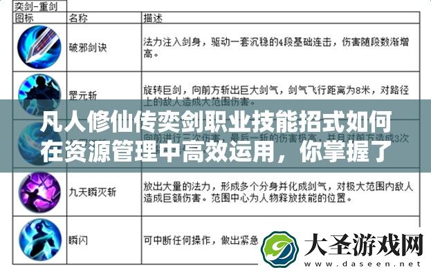 凡人修仙传奕剑职业技能招式如何在资源管理中高效运用
