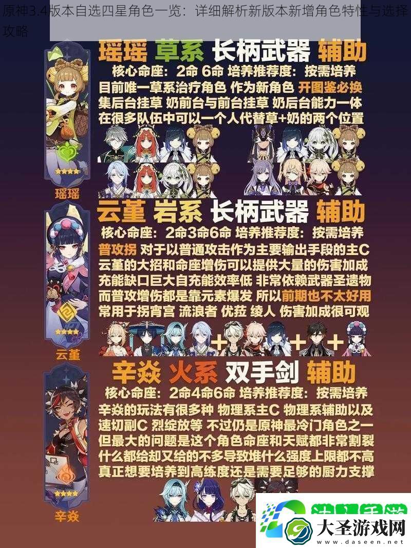 原神3.4版本自选四星角色一览